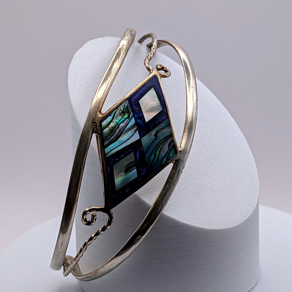 Alpaca Mexico Abalone Shell Blue Resin Inlay Diamond Cuff Bracelet Silver Tone